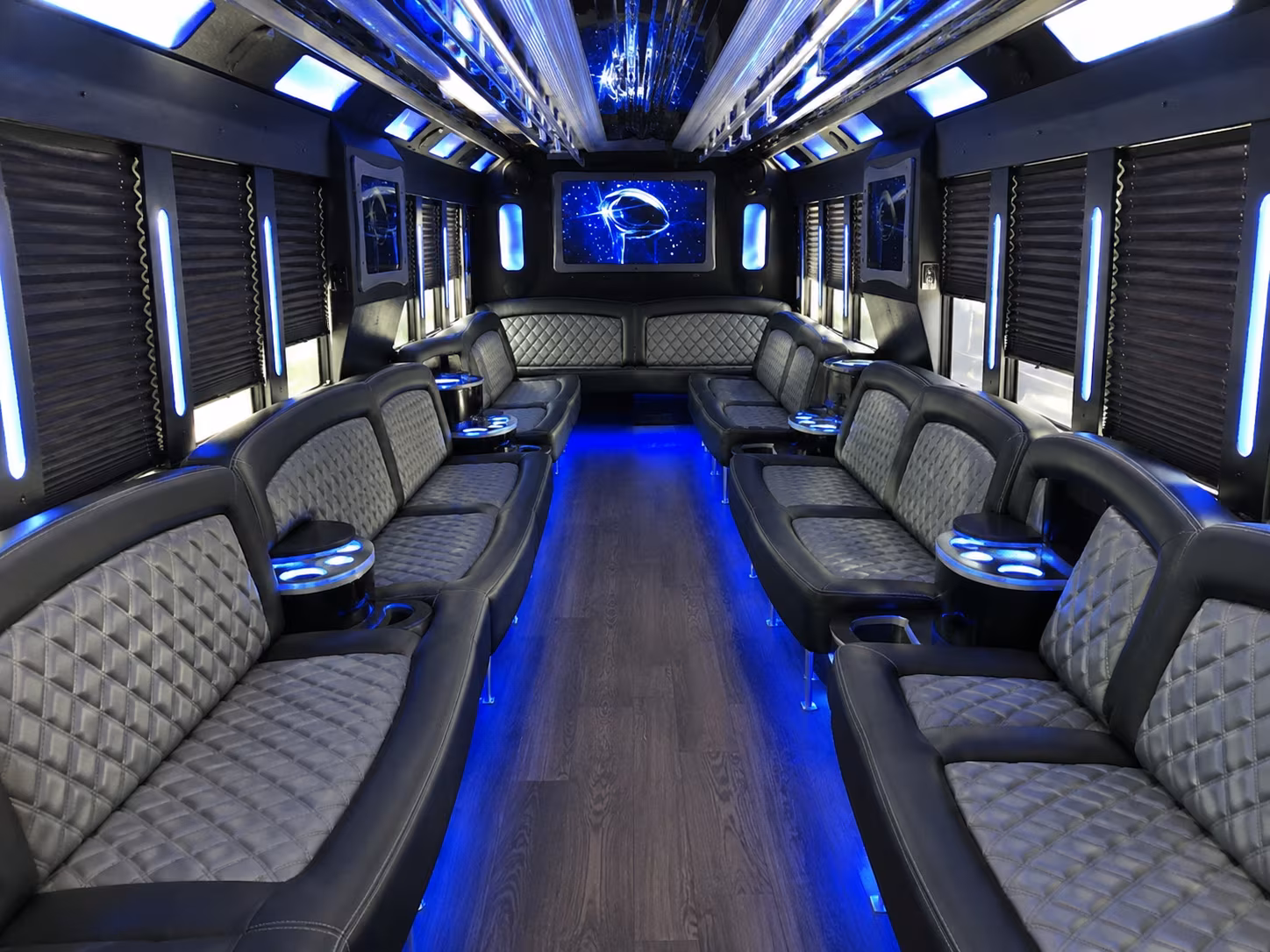 Wraparound seating inside a Anaheim party bus rental