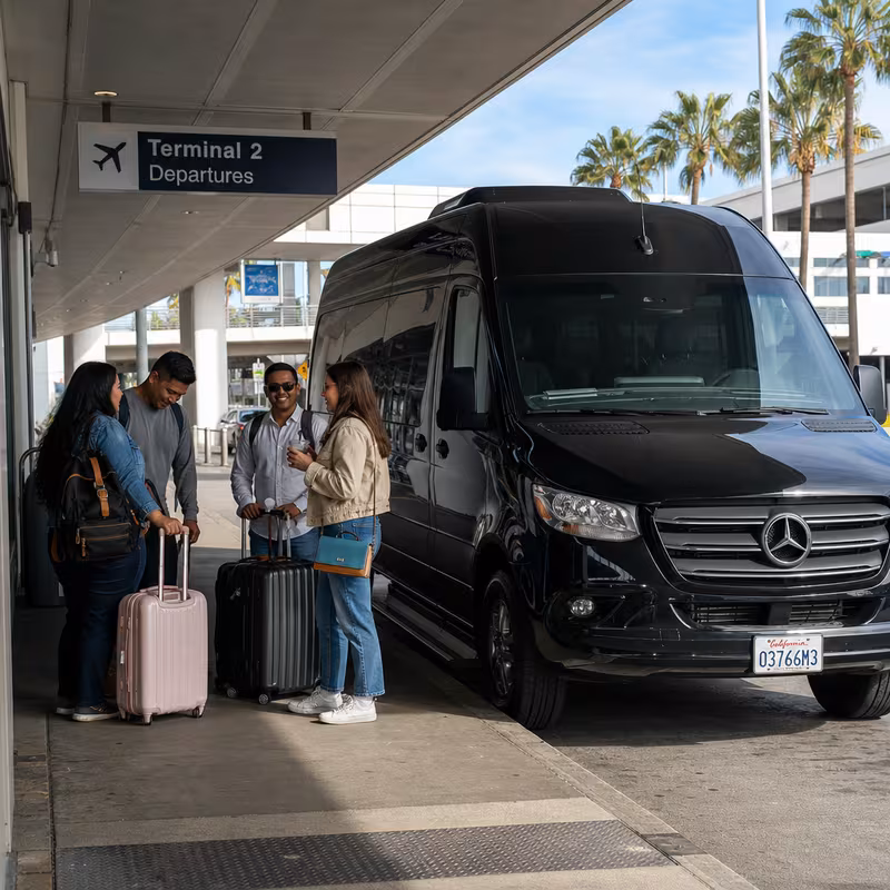 Group boarding a white charter bus for Airport Transportation transportation in Anaheim