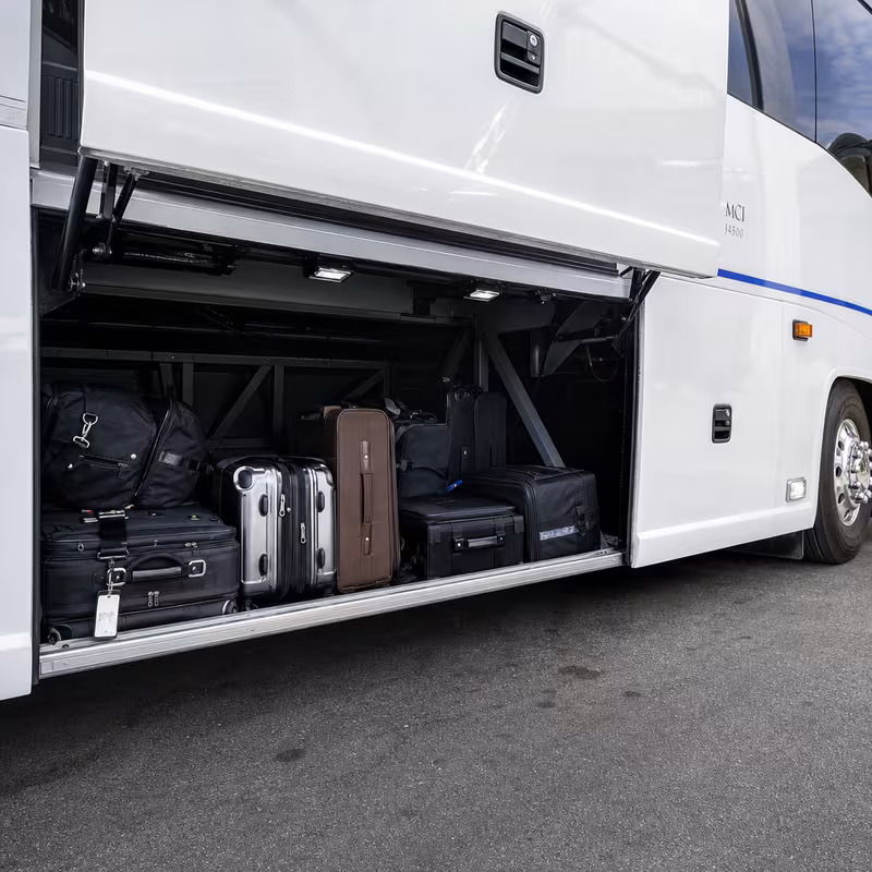 Party bus interior with wraparound leather seating and LED lighting in Anaheim