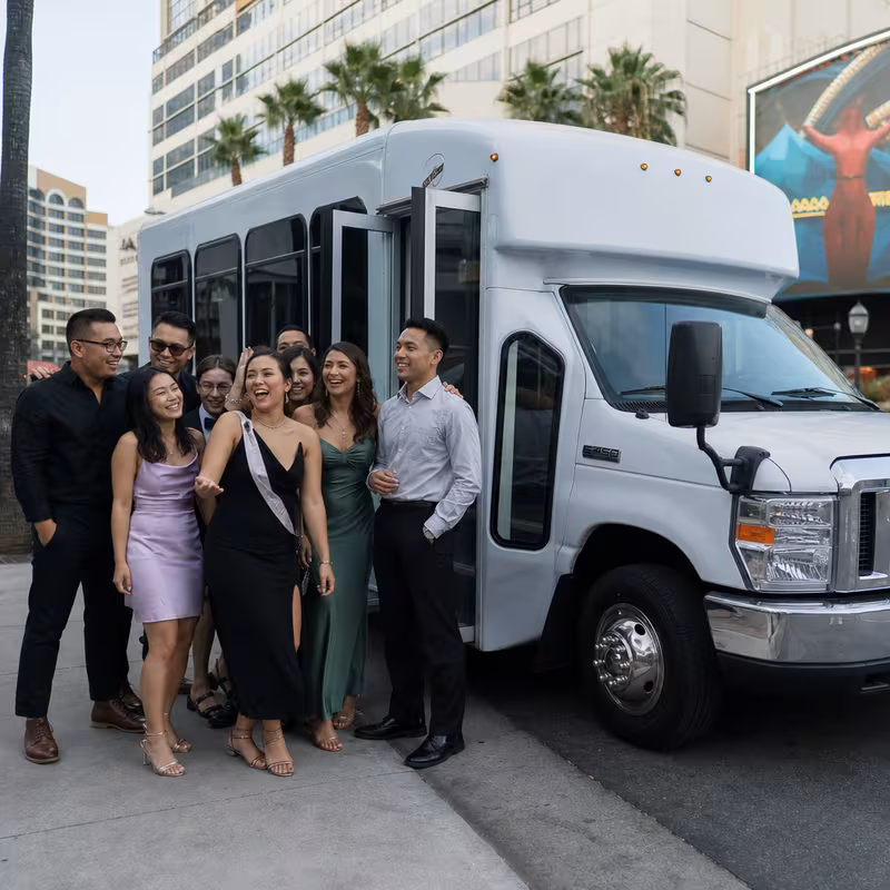 Black Mercedes Sprinter van staged for an Anaheim Bachelor & Bachelorette Transportation group