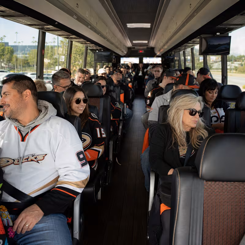 Passenger seating aboard a Anaheim party bus rental