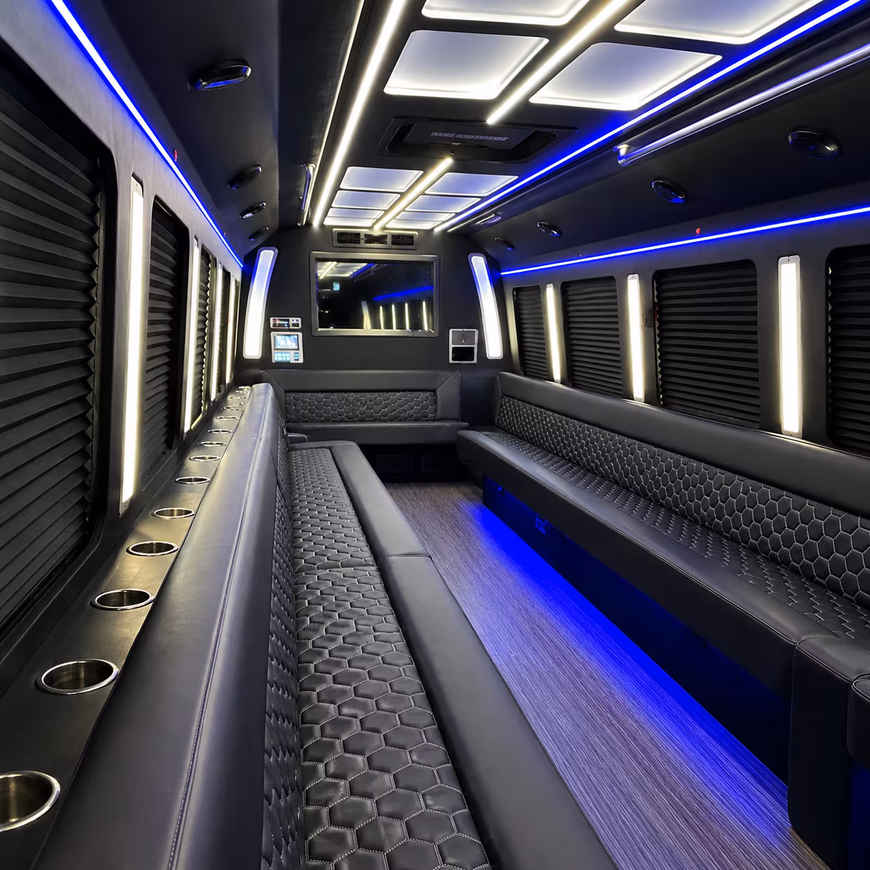 Interior of a party bus rental serving Anaheim