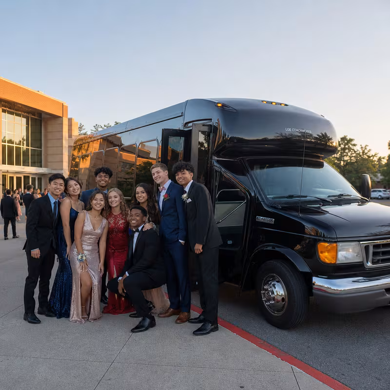 Group boarding a white charter bus for Prom & Homecoming Transportation transportation in Anaheim