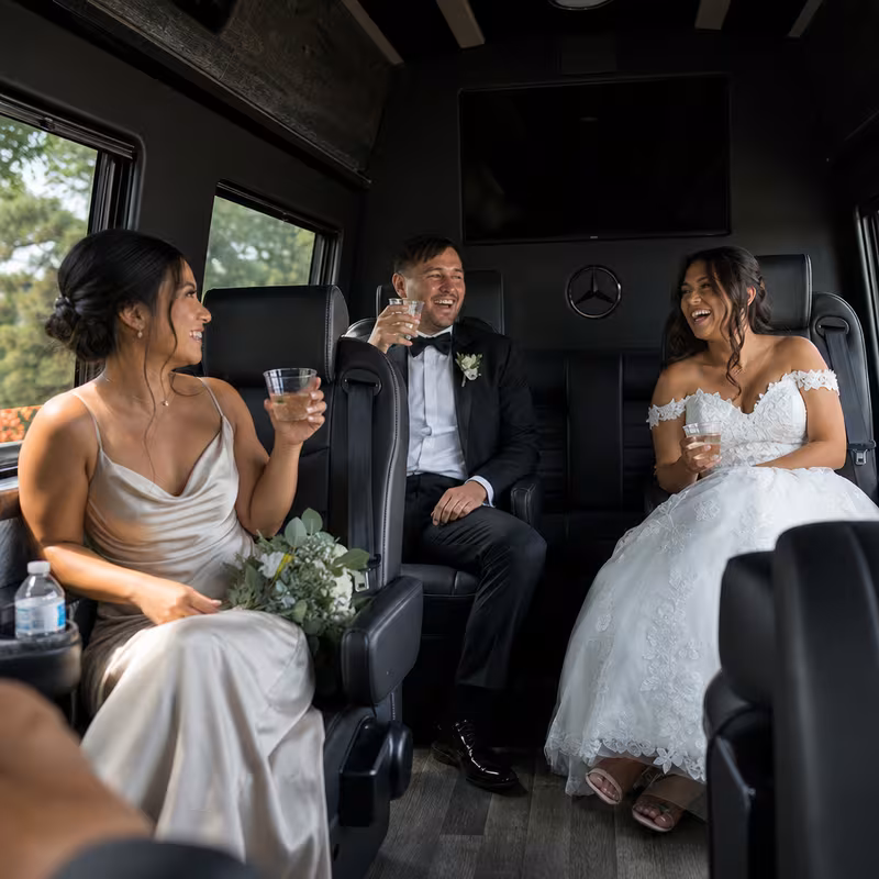 Black Mercedes Sprinter van staged for an Anaheim Wedding Transportation group