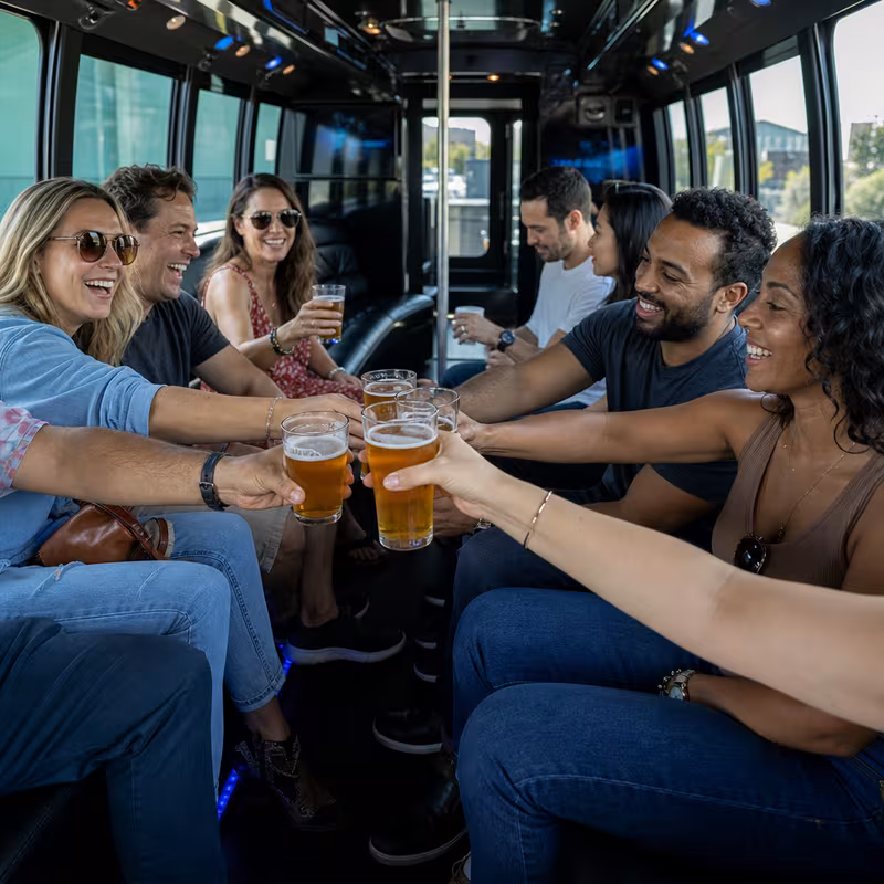 Group boarding a white charter bus for Winery & Brewery Tour Transportation transportation in Anaheim